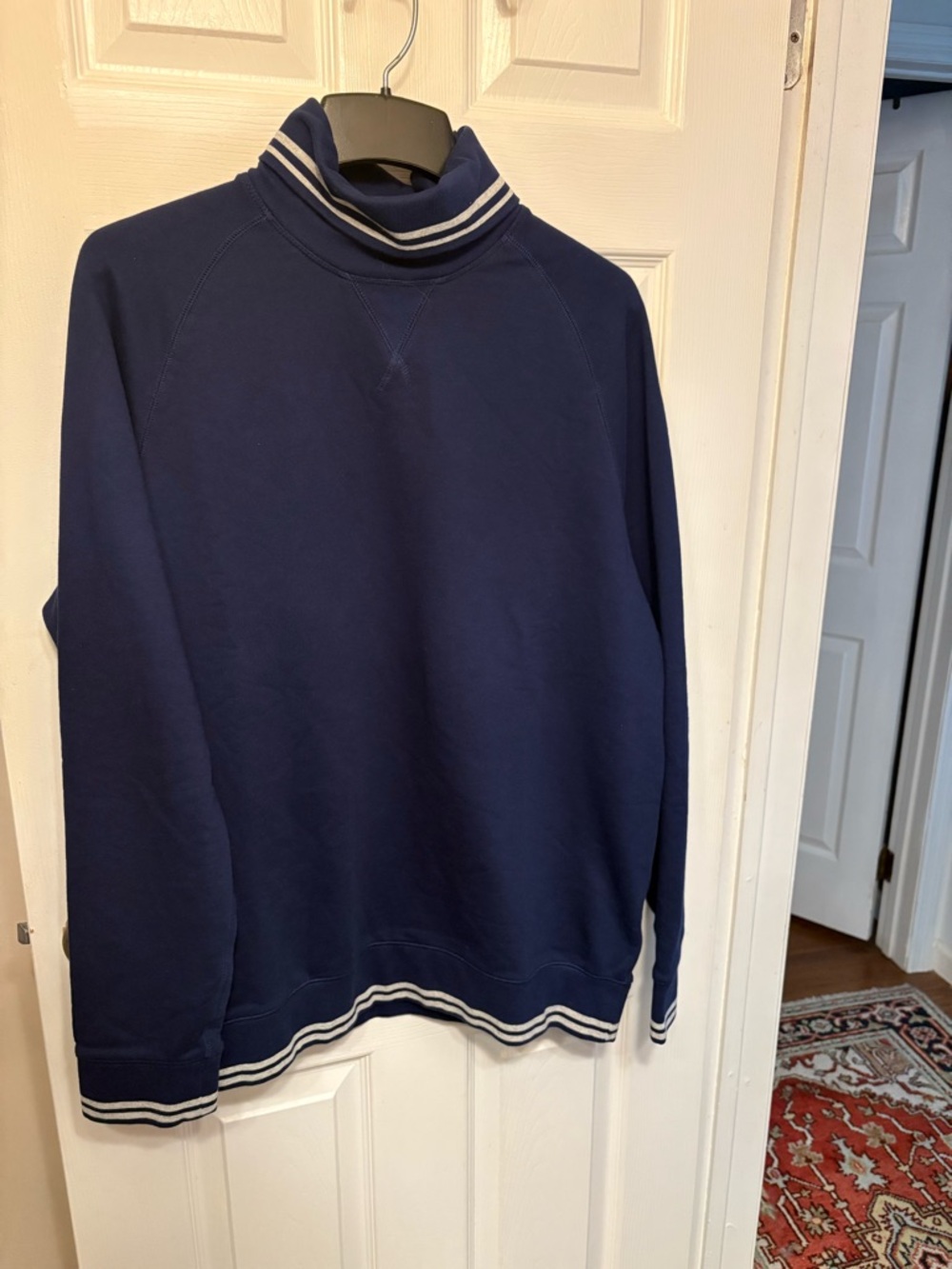 Lands' End Men's Navy Turtleneck Sweatshirt with White Stripe Trim